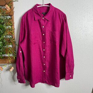 Talbots Womens Petites Fuchsia Linen Button Front Top